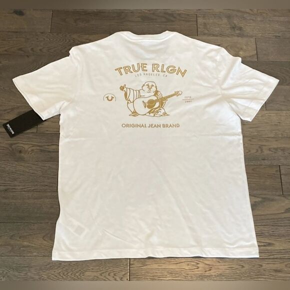 True Religion White with Gold 2-sided Logo SS Men Small T-Shirt NWT in packaging - Picture 1 of 7